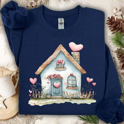Navy blue cotton-polyester sweatshirt with a watercolor design of a blue cottage adorned with pink hearts.