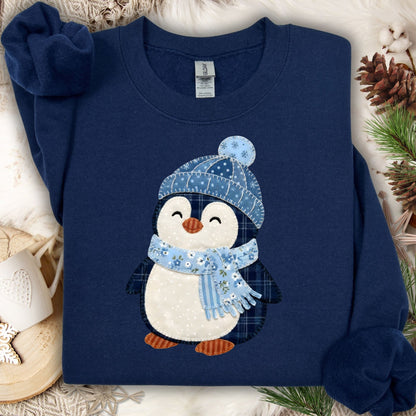 Cute Faux Patchwork Winter Penguin Sweatshirt