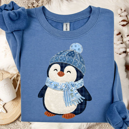 Cute Faux Patchwork Winter Penguin Sweatshirt