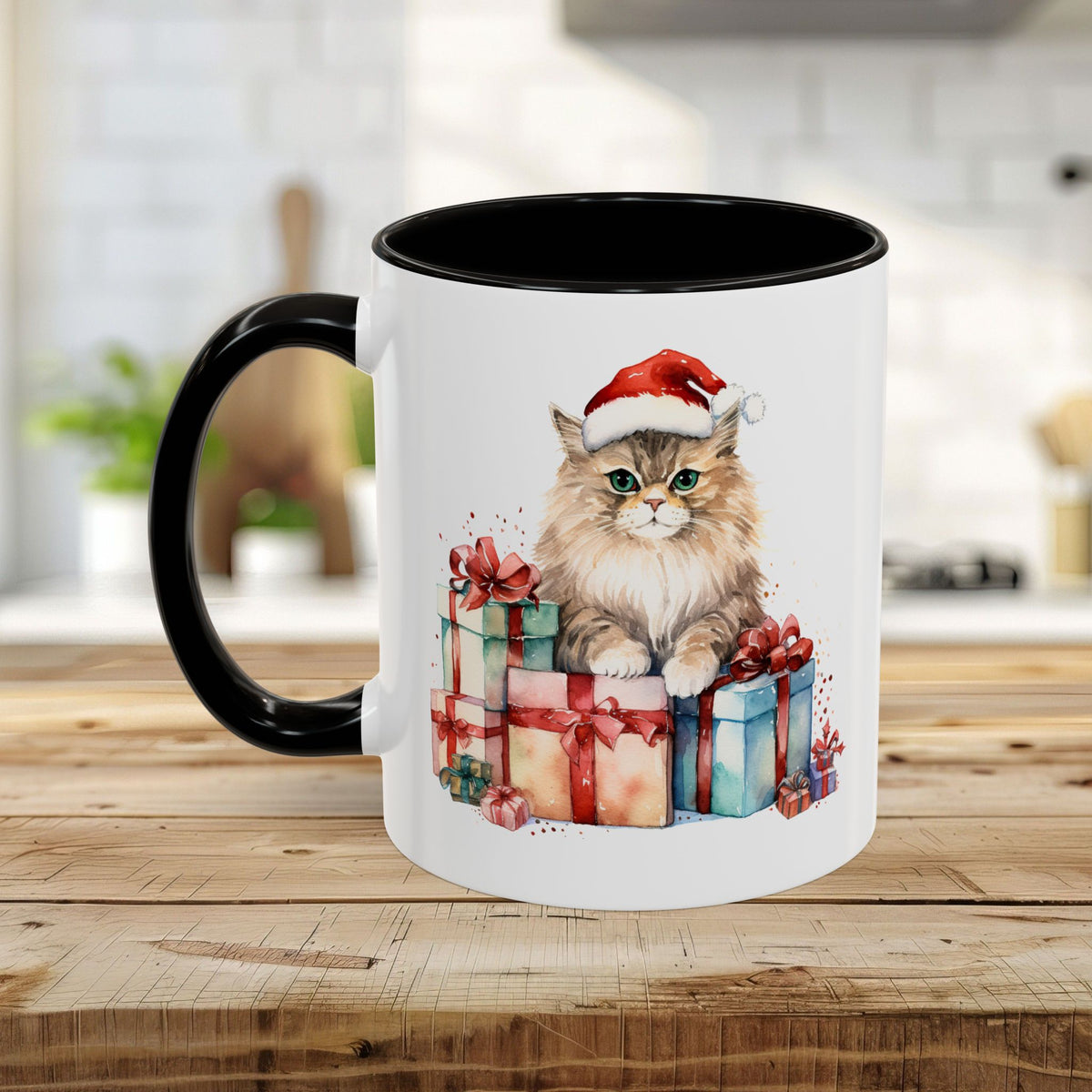 Cute Kitty with Santa Hat & Presents Mug (11/15oz)