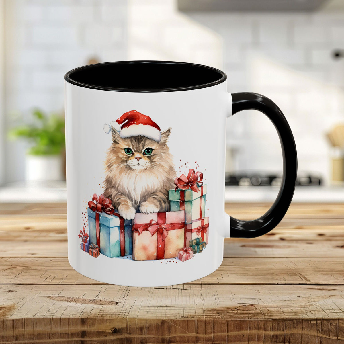 Cute Kitty with Santa Hat & Presents Mug (11/15oz)