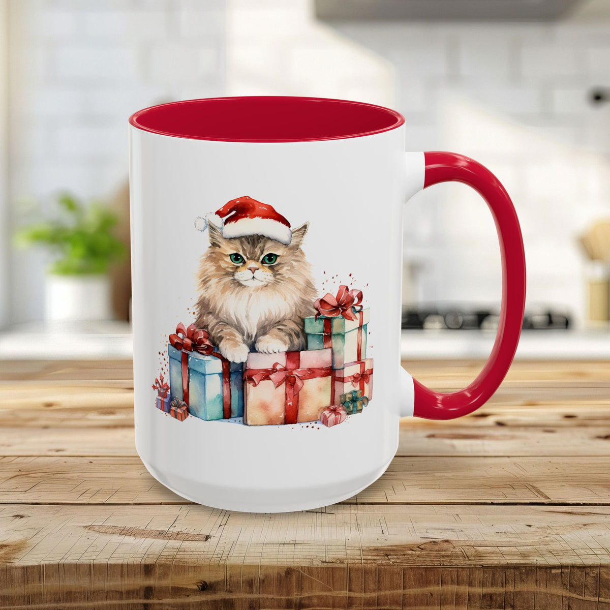 Cute Kitty with Santa Hat & Presents Mug (11/15oz)
