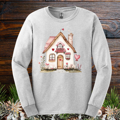 Ash long sleeve tee with a watercolor beige cottage, pink hearts, and shutters.