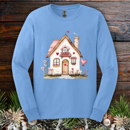 Carolina Blue long sleeve tee with a watercolor beige cottage, pink hearts, and shutters.