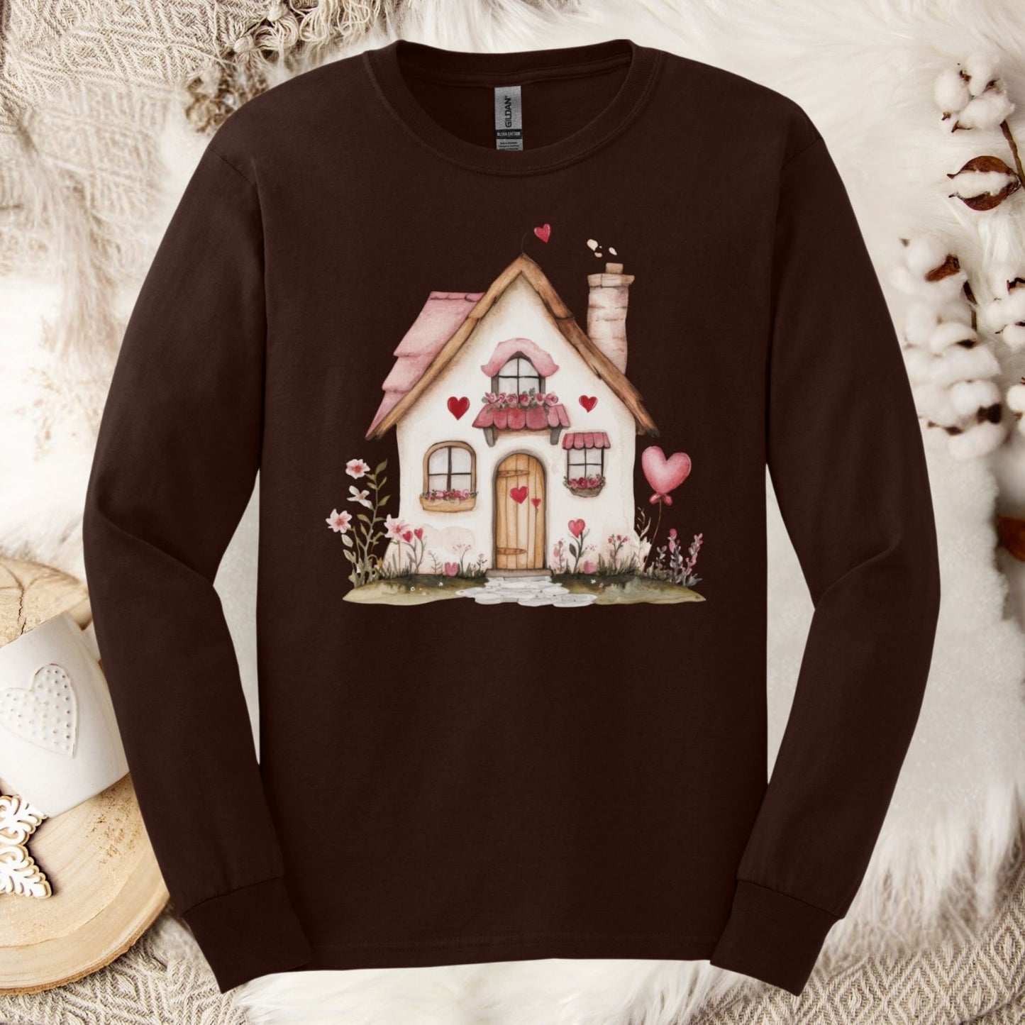 Dark Chocolate long sleeve tee with a cute beige cottage, pink hearts, and shutters.
