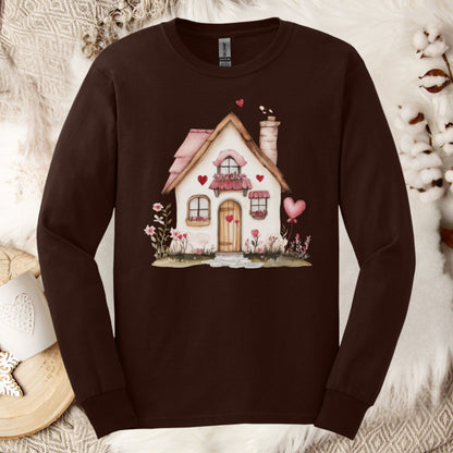 Dark Chocolate long sleeve tee with a cute beige cottage, pink hearts, and shutters.