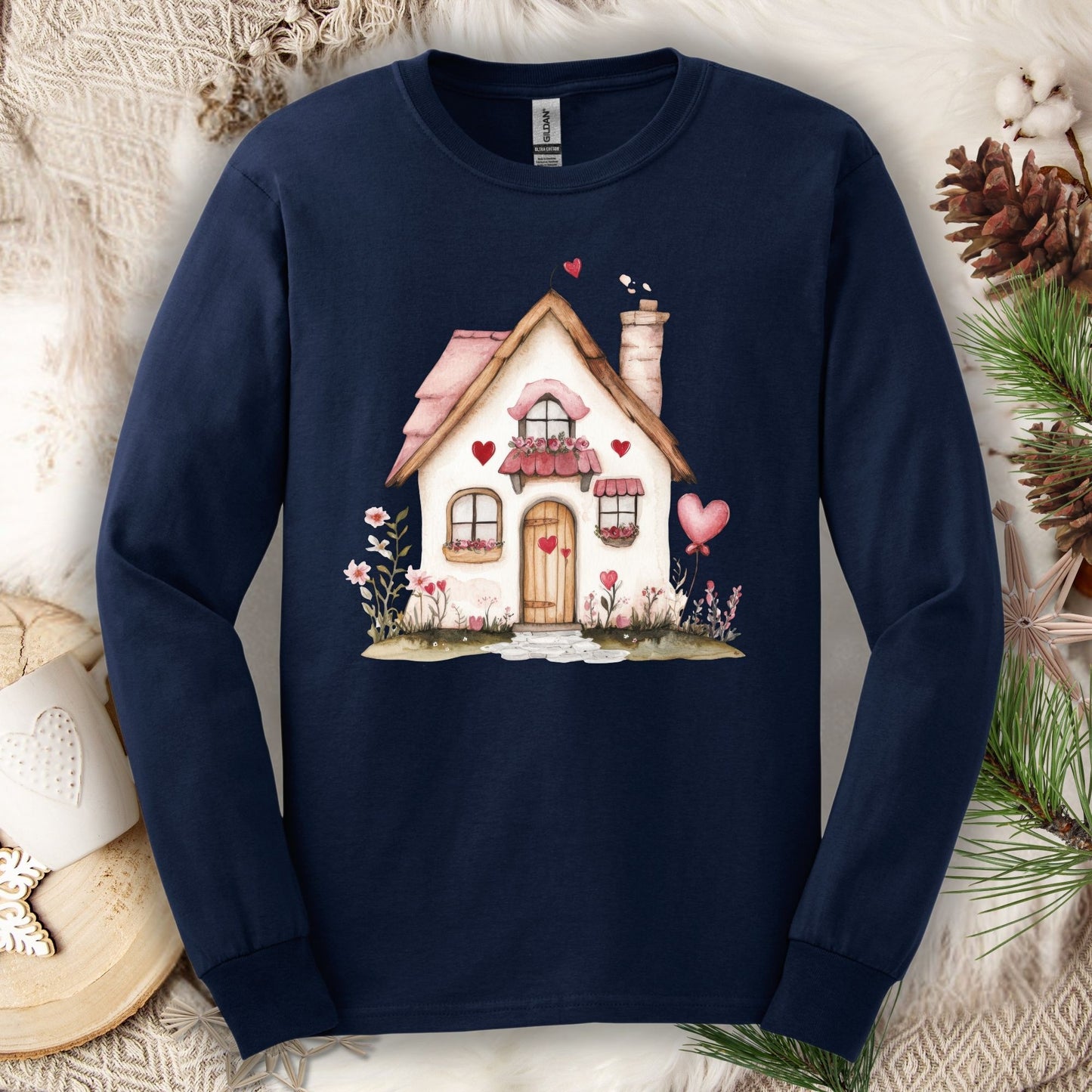 Navy long sleeve tee with a watercolor pink Valentine's cottage and hearts design.