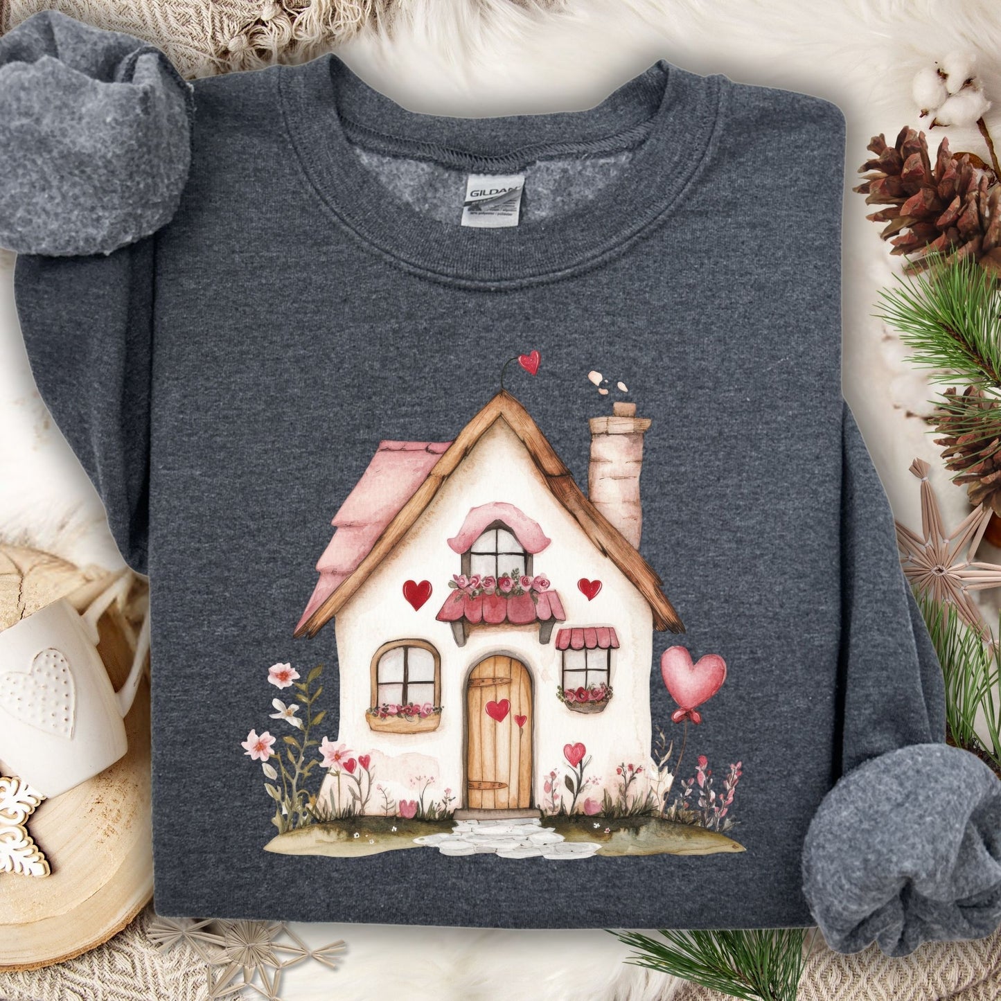 Dark Heather S sweatshirt with a watercolor pink Valentine's cottage and hearts design.
