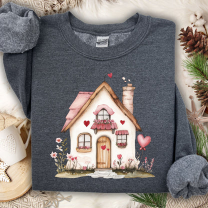 Dark Heather S sweatshirt with a watercolor pink Valentine's cottage and hearts design.