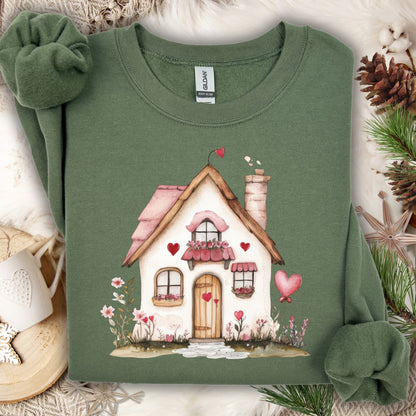 Military Green S sweatshirt with a watercolor pink cottage and hearts design, surrounded by winter decor.