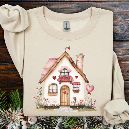 Sand S sweatshirt with a watercolor pink Valentine's cottage and hearts design.