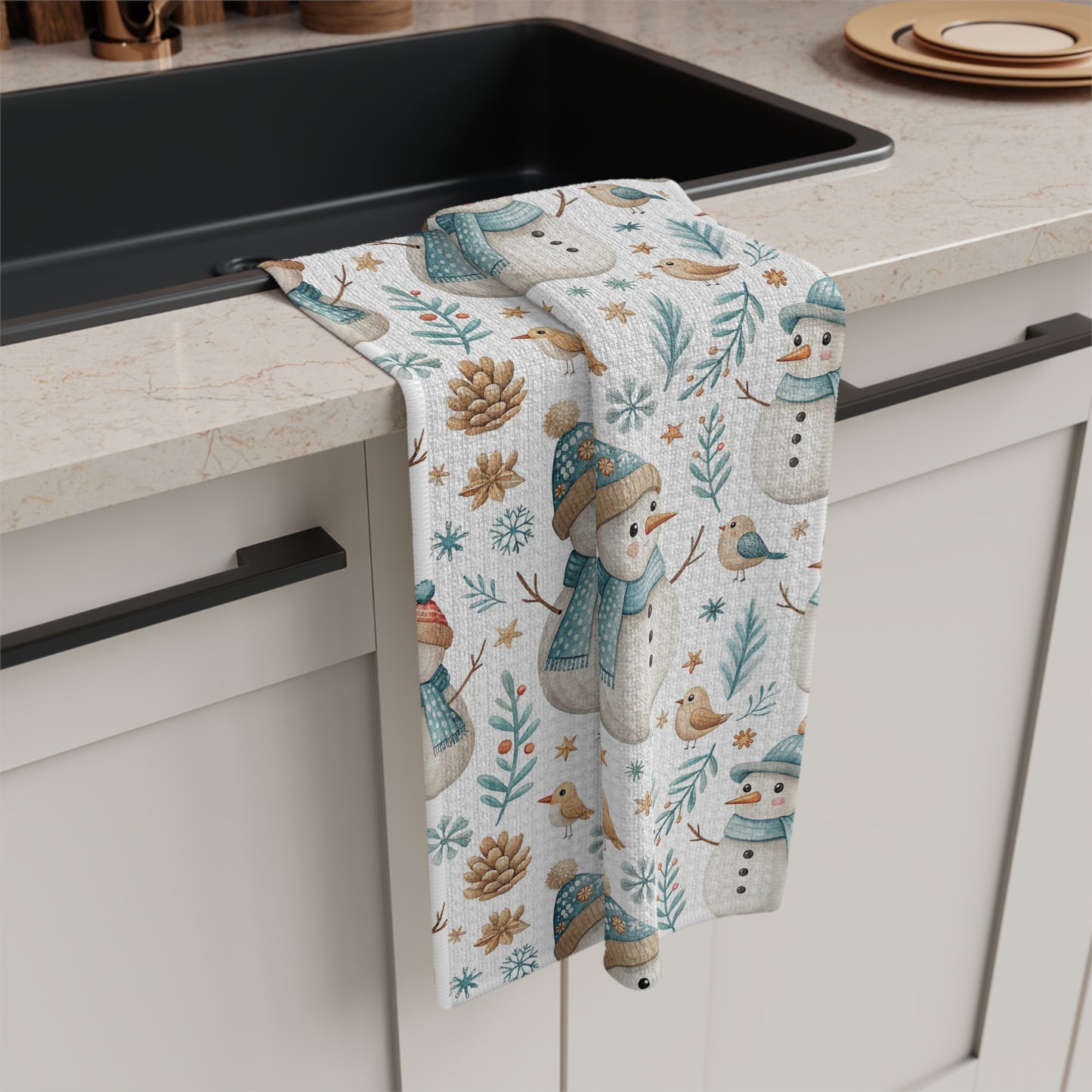 Cute Snowman with Blue Scarf Microfiber Tea Towel