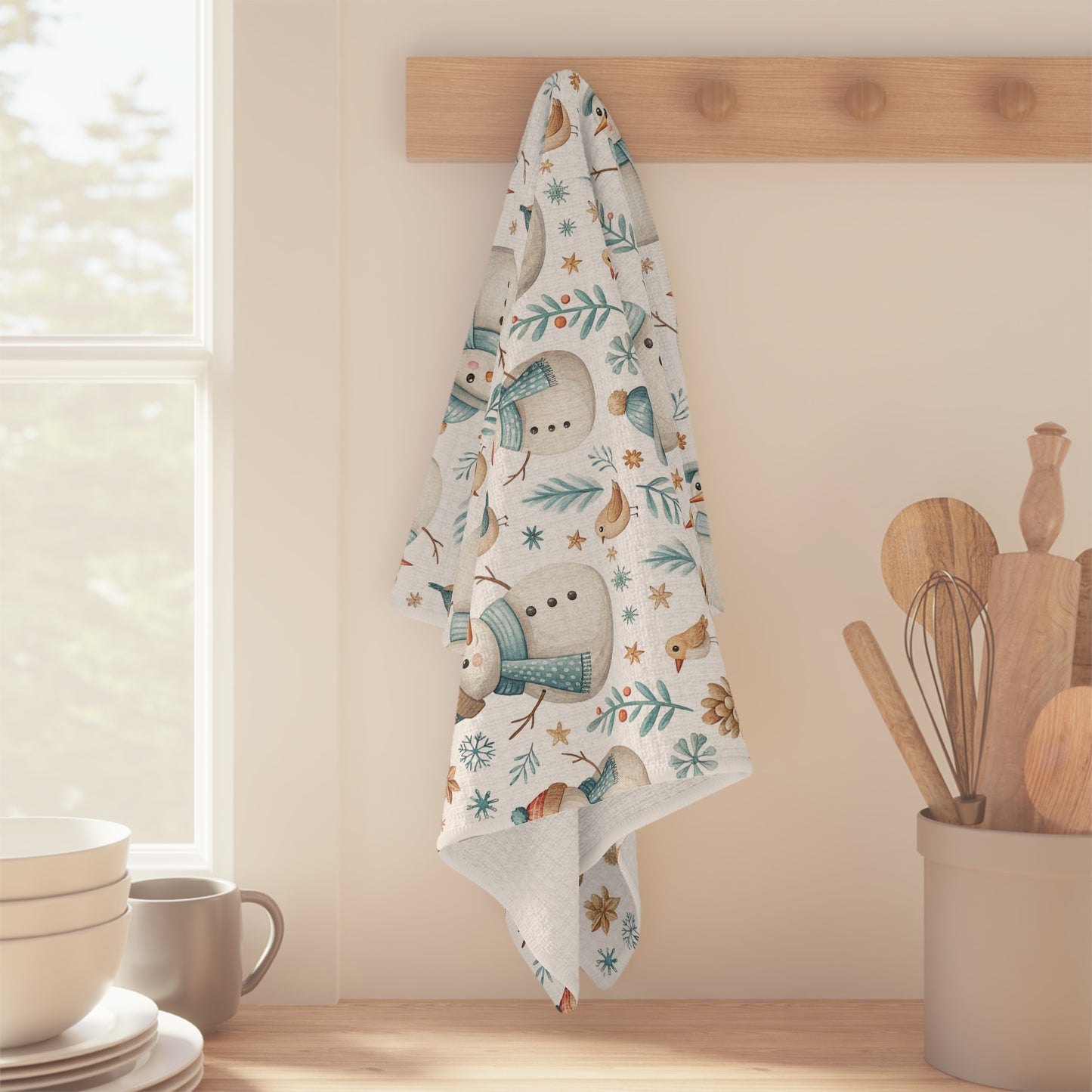 Cute Snowman with Blue Scarf Microfiber Tea Towel