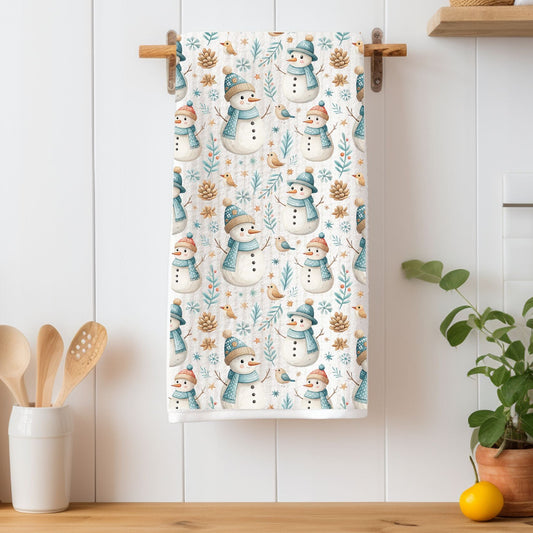 Cute Snowman with Blue Scarf Microfiber Tea Towel
