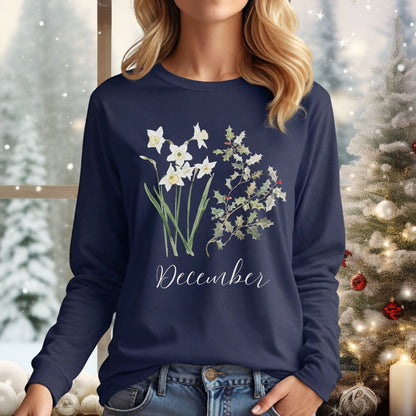 Navy long sleeve tee with watercolor narcissus, holly berries, and "December" text.