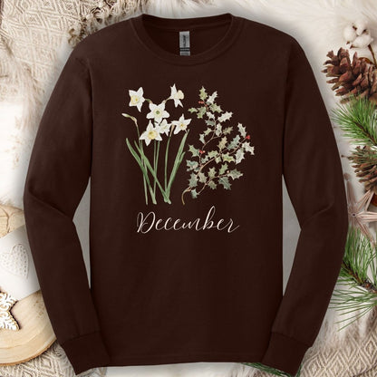 Dark chocolate long sleeve tee with watercolor narcissus and holly berry design, "December" script.