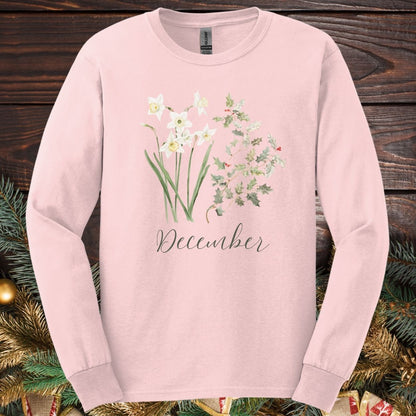 Light pink long sleeve tee with watercolor narcissus, holly, and "December" script.