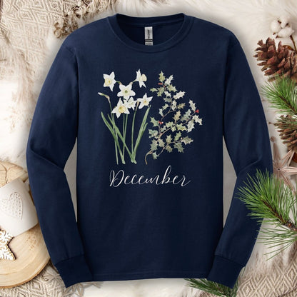 Navy long-sleeve tee with watercolor narcissus, holly, and "December" script.