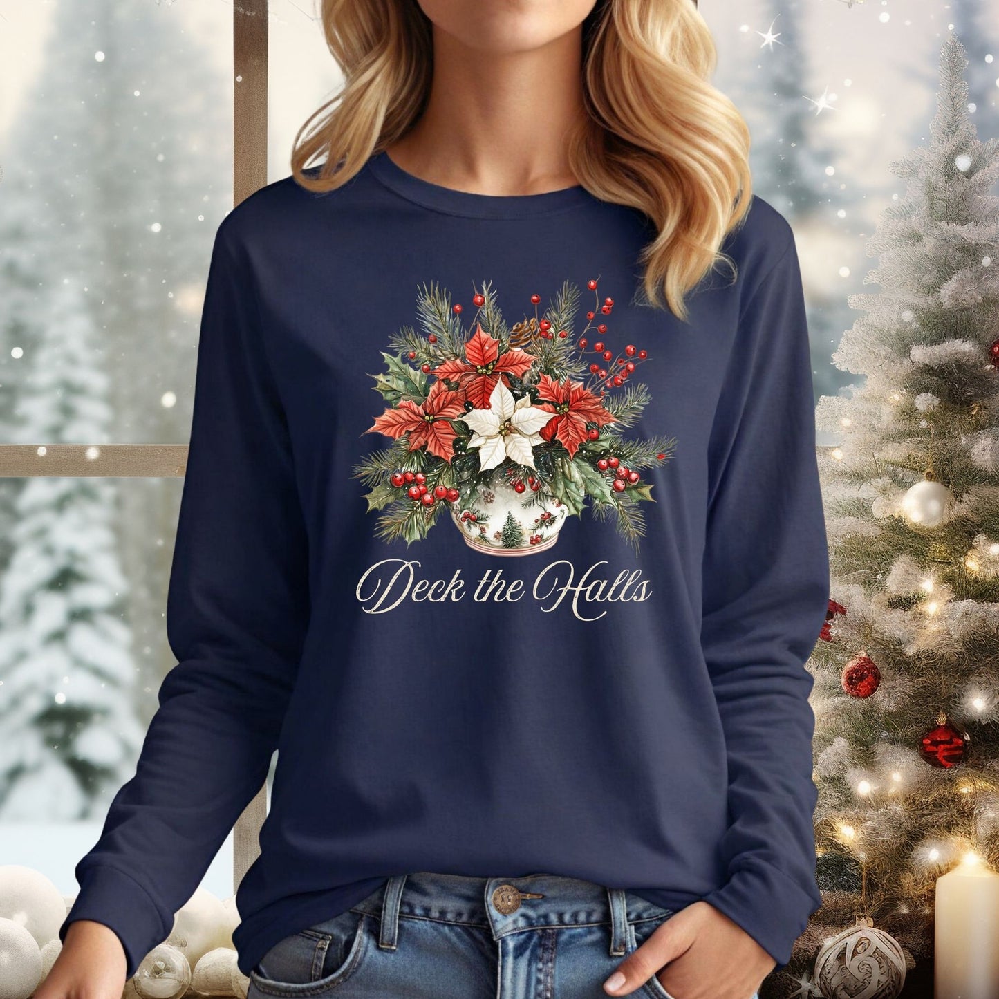 Deck the Halls Poinsettias Long Sleeve Tee