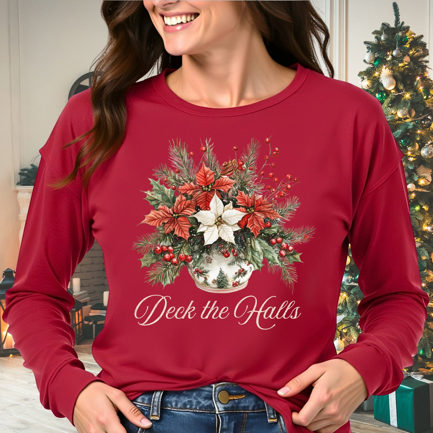 Deck the Halls Poinsettias Long Sleeve Tee
