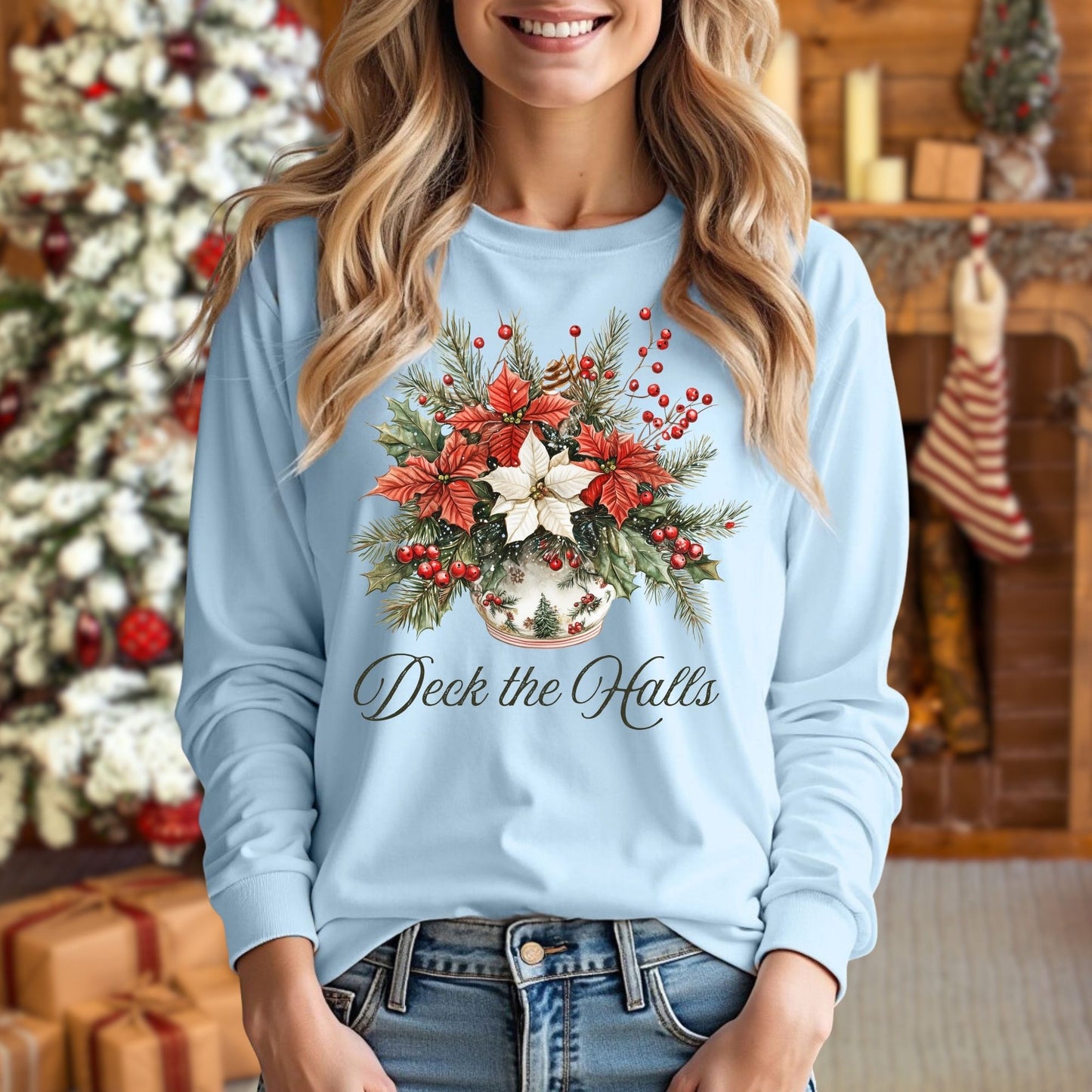 Deck the Halls Poinsettias Long Sleeve Tee