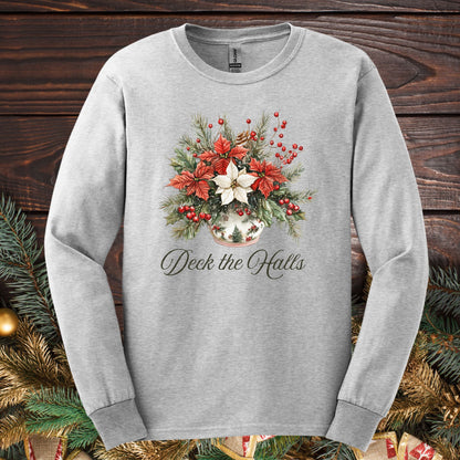 Ash gray long sleeve tee with a watercolor poinsettia arrangement and "Deck the Halls" script.