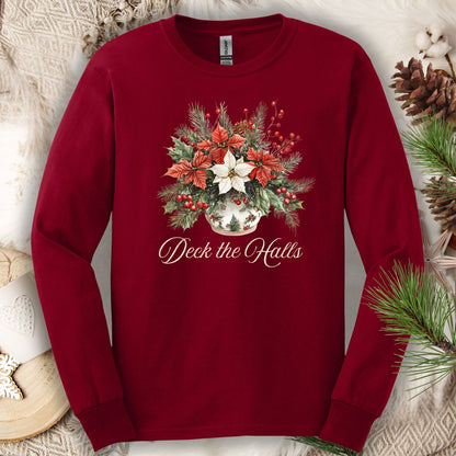 Cardinal Red long sleeve tee with a watercolor poinsettia arrangement and "Deck the Halls" script.