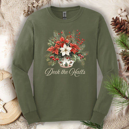 Military Green long sleeve tee with watercolor poinsettias, evergreens, berries, and "Deck the Halls" script.