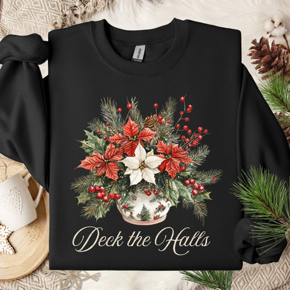 Black Gildan sweatshirt with a watercolor poinsettia bouquet in a vase and "Deck the Halls" text.