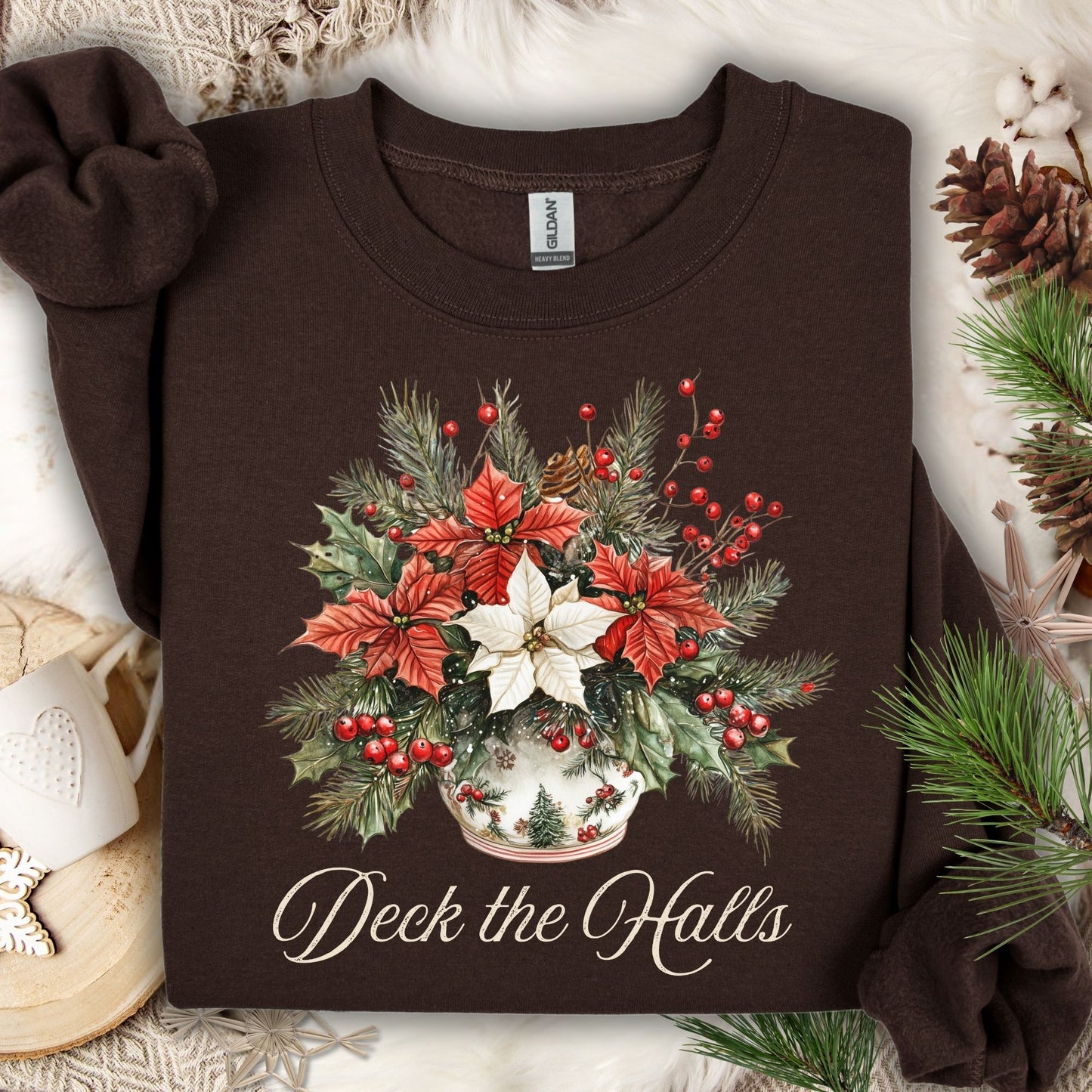Dark Chocolate Gildan sweatshirt with a watercolor poinsettia bouquet in a vase and "Deck the Halls" text.