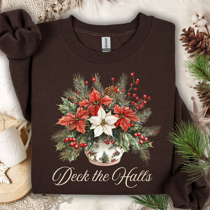 Dark Chocolate Gildan sweatshirt with a watercolor poinsettia bouquet in a vase and "Deck the Halls" text.