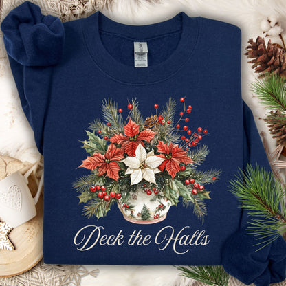 Navy Gildan sweatshirt with watercolor poinsettia bouquet in a vase and "Deck the Halls" script.