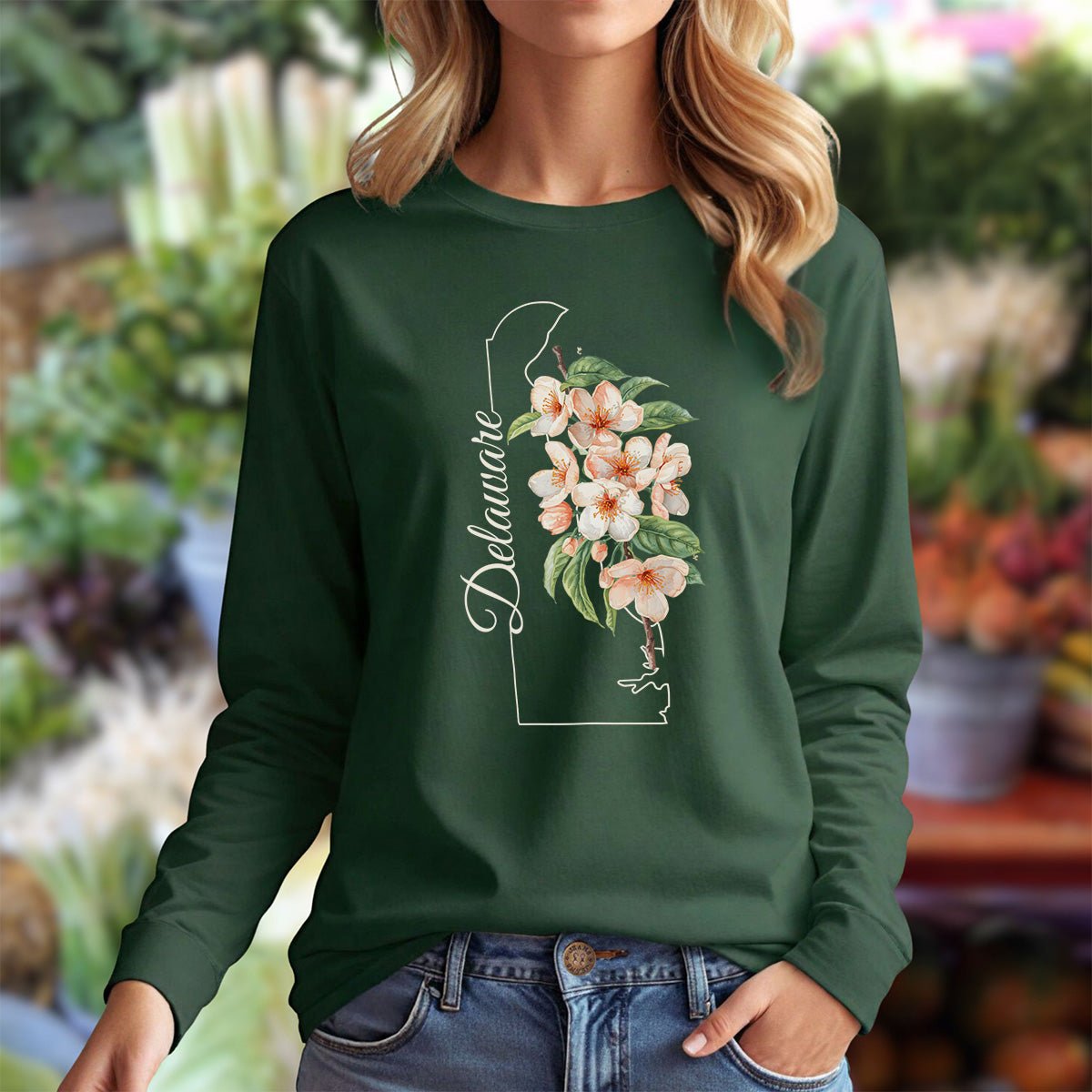 Delaware State Flower Long Sleeve Tee - Peach Blossoms
