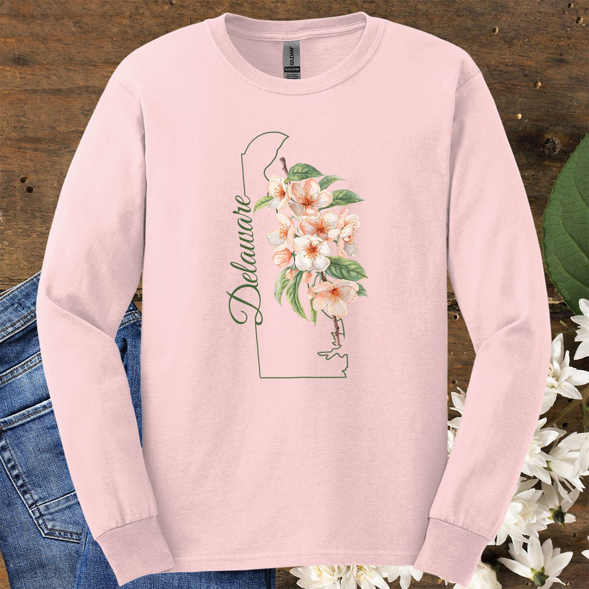 Delaware State Flower Long Sleeve Tee - Peach Blossoms