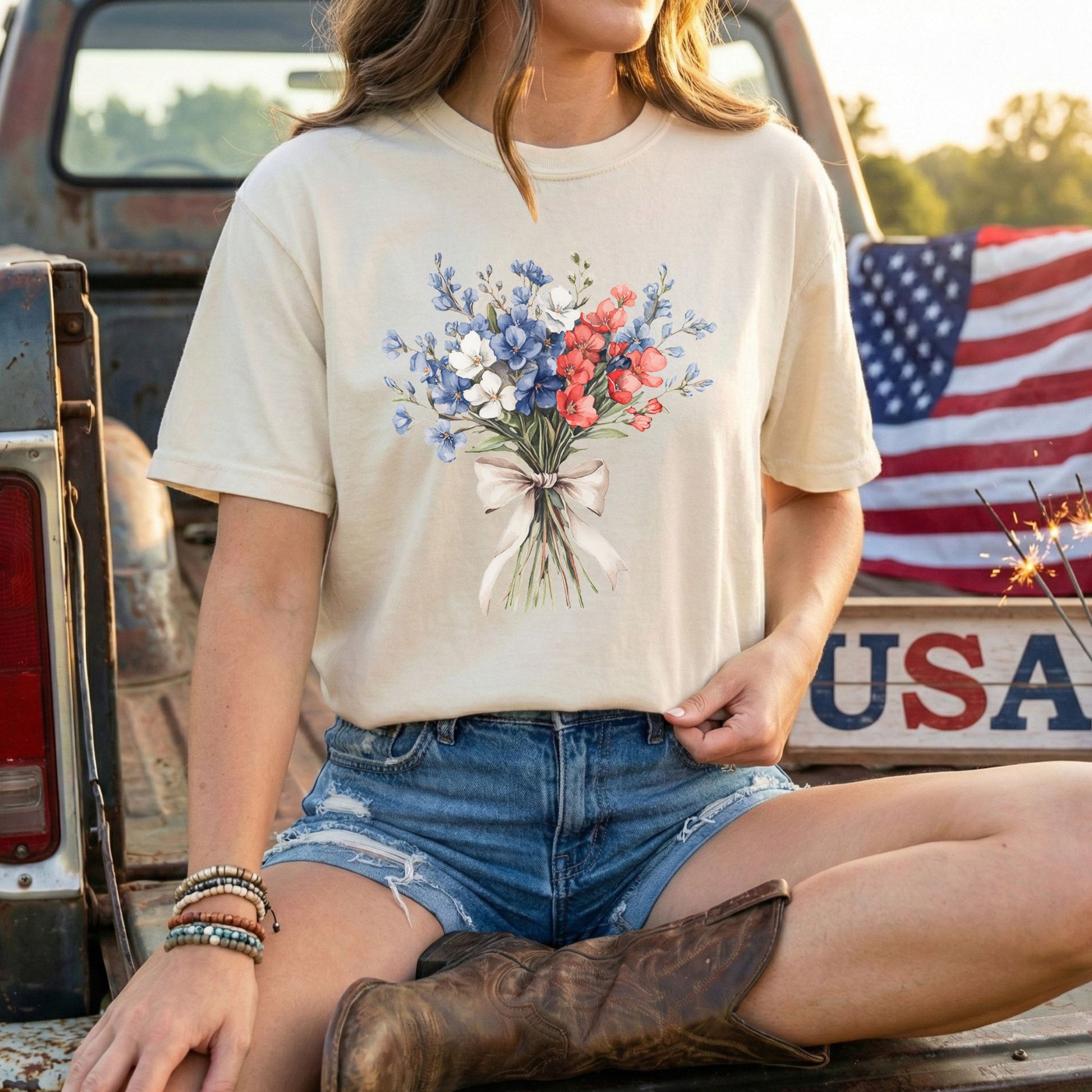 Relaxed-fit, garment-dyed t-shirt with a patriotic red, white, and blue floral bouquet design.