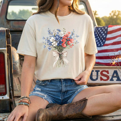 Relaxed-fit, garment-dyed t-shirt with a patriotic red, white, and blue floral bouquet design.