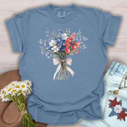 Blue Jean t-shirt with a patriotic red, white, and blue floral bouquet and ribbon graphic.