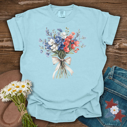 Chambray S t-shirt with a vintage watercolor patriotic floral bouquet and ribbon.