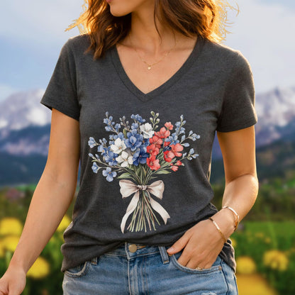 Delicate Patriotic Bouquet with Ribbon V-Neck T-Shirt