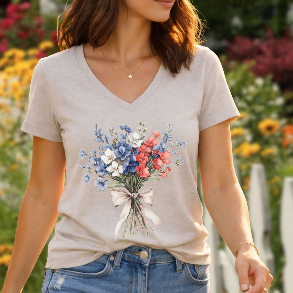 Delicate Patriotic Bouquet with Ribbon V-Neck T-Shirt