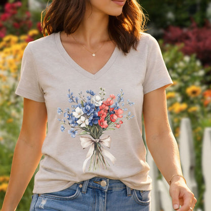 Delicate Patriotic Bouquet with Ribbon V-Neck T-Shirt