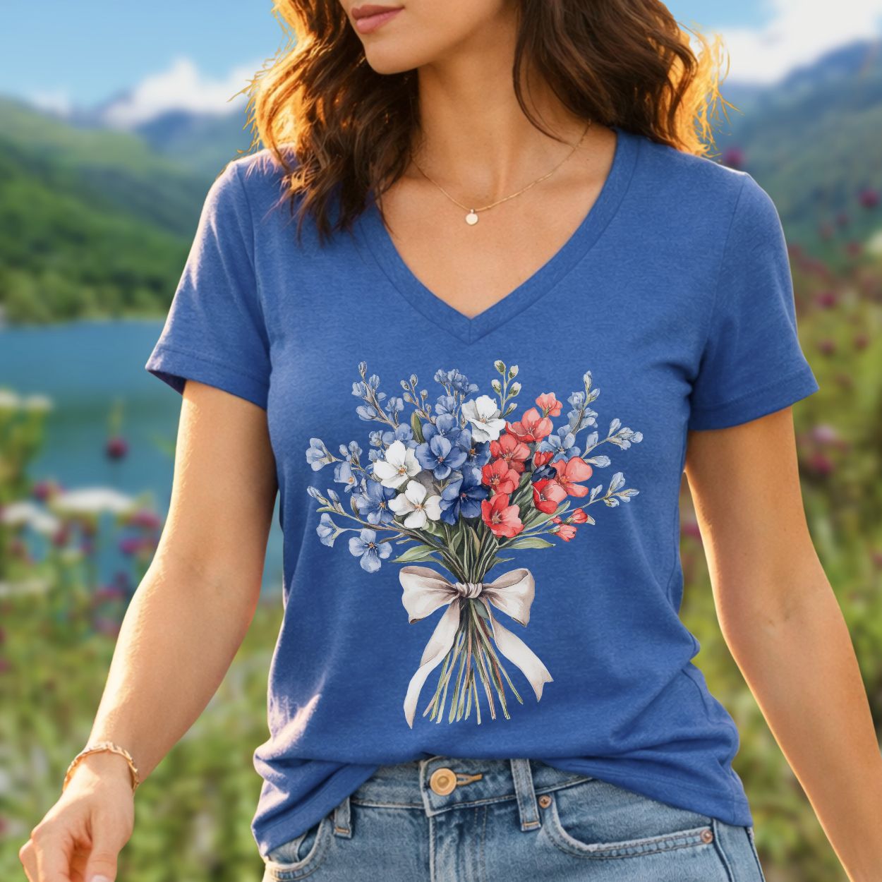 Delicate Patriotic Bouquet with Ribbon V-Neck T-Shirt