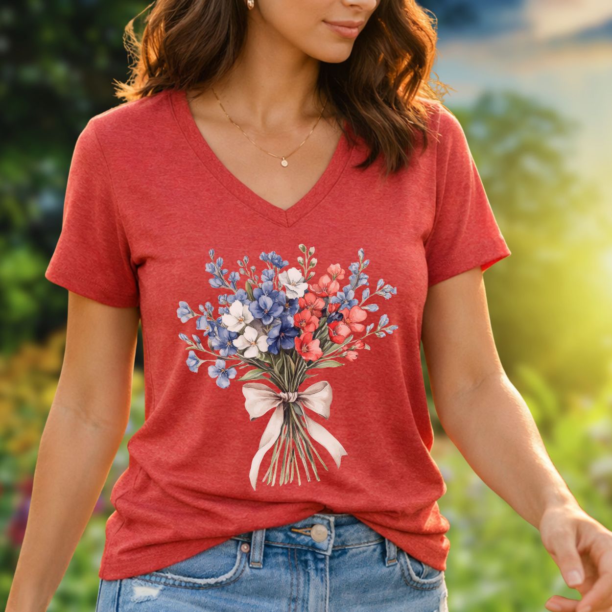 Delicate Patriotic Bouquet with Ribbon V-Neck T-Shirt