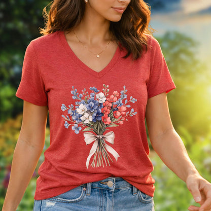 Delicate Patriotic Bouquet with Ribbon V-Neck T-Shirt