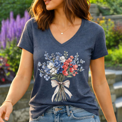 Delicate Patriotic Bouquet with Ribbon V-Neck T-Shirt