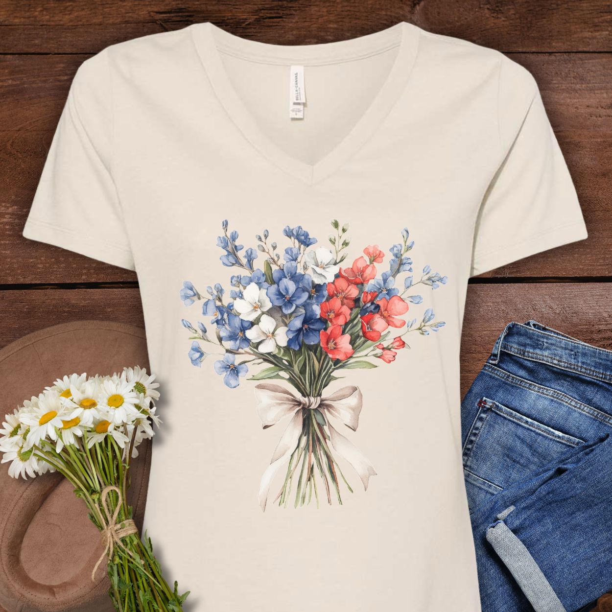 Delicate Patriotic Bouquet with Ribbon V-Neck T-Shirt