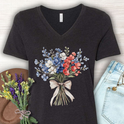 Delicate Patriotic Bouquet with Ribbon V-Neck T-Shirt