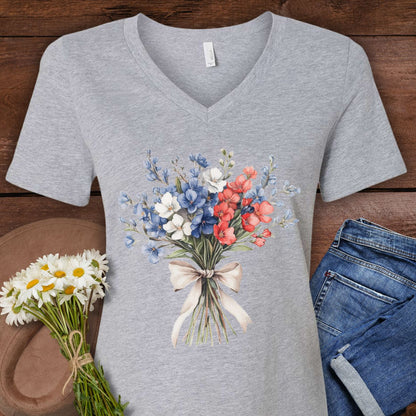 Delicate Patriotic Bouquet with Ribbon V-Neck T-Shirt