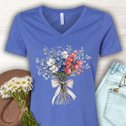 Delicate Patriotic Bouquet with Ribbon V-Neck T-Shirt