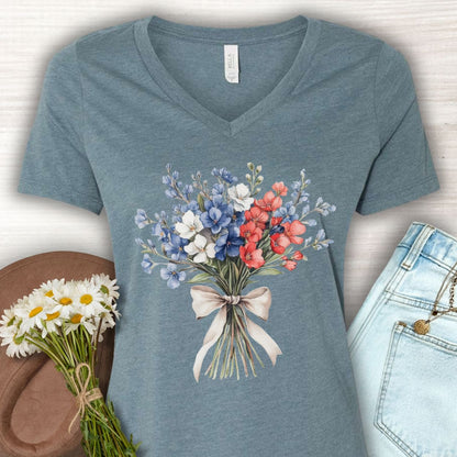 Delicate Patriotic Bouquet with Ribbon V-Neck T-Shirt